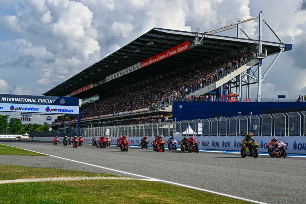 The start of the Sprint Race with Jorge Martin (89) and Luca Marini (10) fighting for first place. Photo courtesy Dorna.