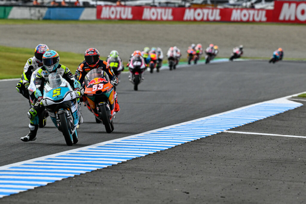 Jaume Masia (5) leading the Moto3 race at Motegi. Photo courtesy Dorna.