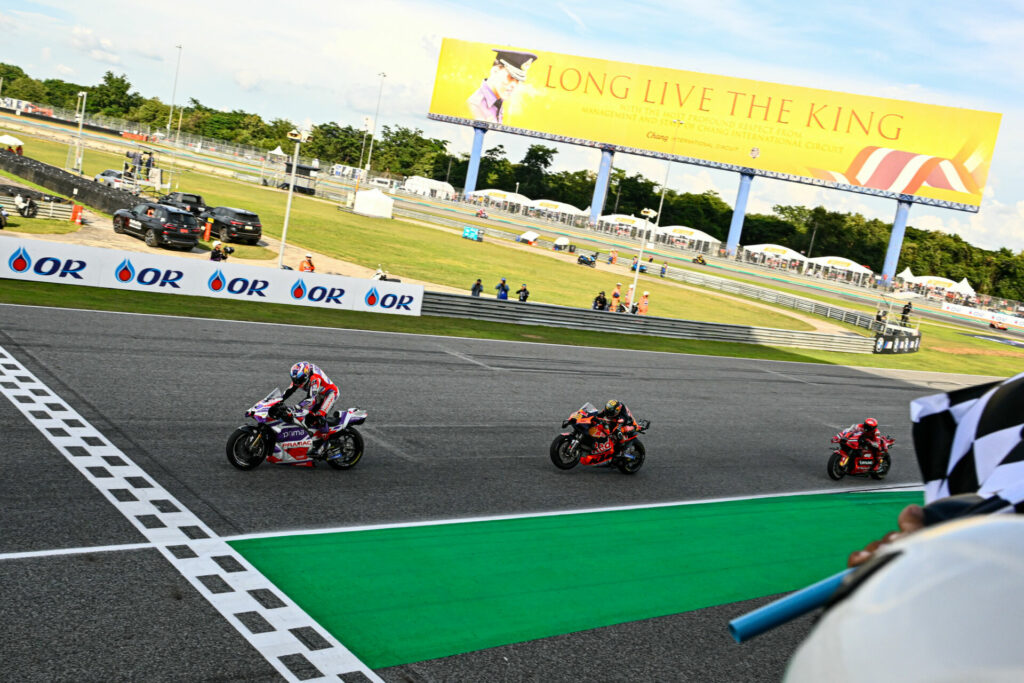 Jorge Martin (89) held off Brad Binder (33) and Francesco Bagnaia (1) to win Sunday in Thailand. Photo courtesy Dorna.