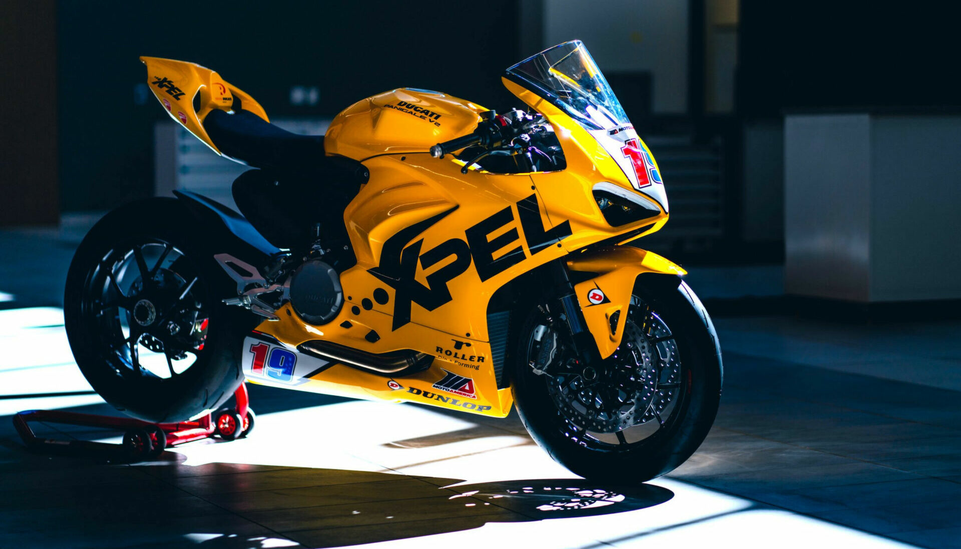An XPEL-branded Ducati Panigale V2 carrying the number 19 that Ben Spies ran during his Superbike World Championship season. Photo courtesy MotoAmerica.