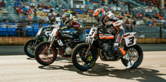 Briar Bauman (3), Jared Mees (1), Dallas Daniels (32), and JD Beach (behind Daniels) launch off the line at the 2023 Springfield Mile II. Photo by Kristin Lassen, courtesy AFT.