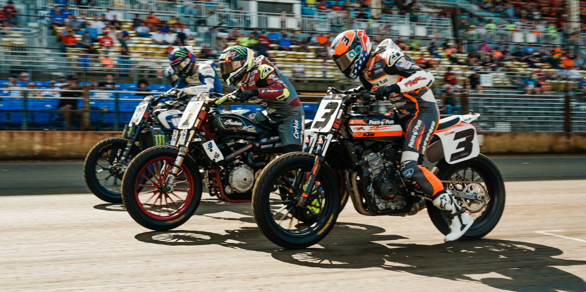 Briar Bauman (3), Jared Mees (1), Dallas Daniels (32), and JD Beach (behind Daniels) launch off the line at the 2023 Springfield Mile II. Photo by Kristin Lassen, courtesy AFT.