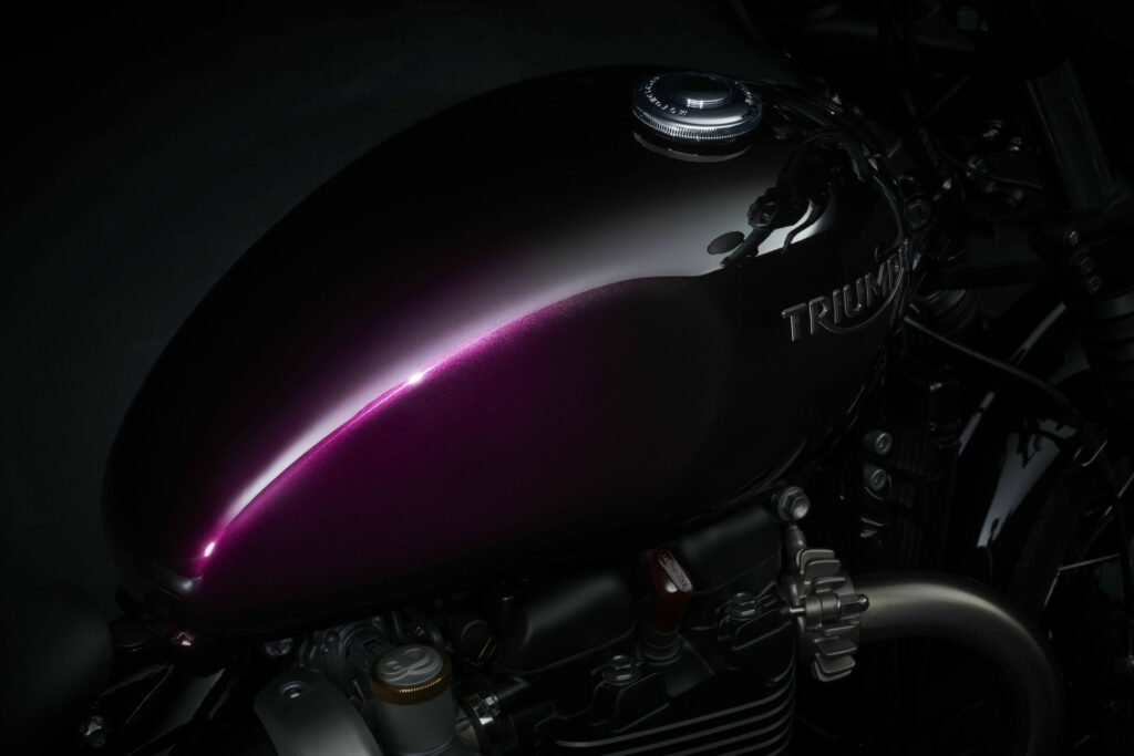 The purple fuel tank on a Triumph Bonneville Bobber Stealth Edition. Photo courtesy Triumph.