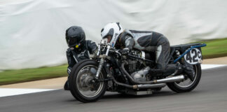 Silke Crombie and her sidecar passenger Wendy Stefaniak in action at Barber Motorsports Park. Photo by Cathy Drexler, courtesy AHRMA.