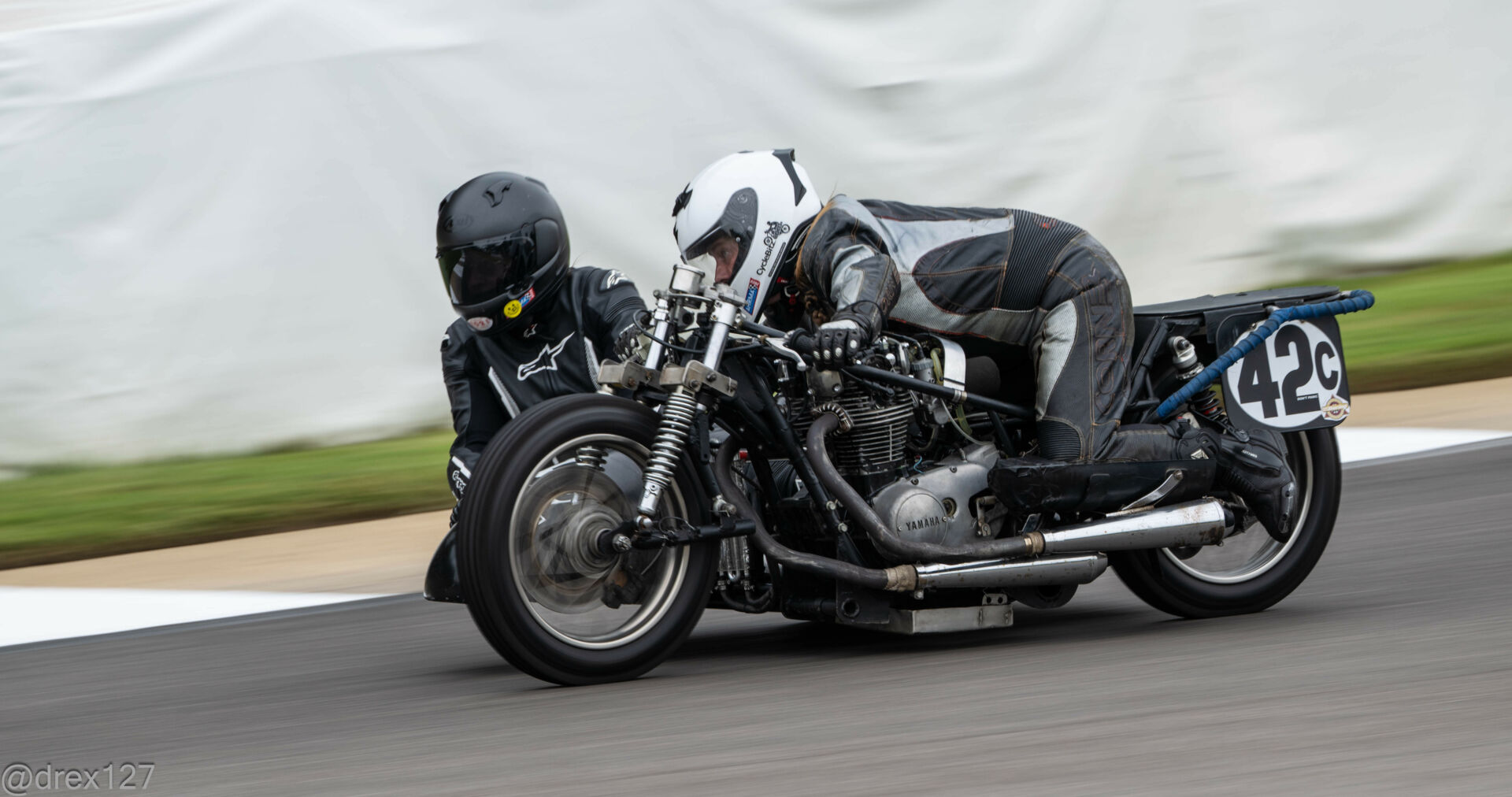 Silke Crombie and her sidecar passenger Wendy Stefaniak in action at Barber Motorsports Park. Photo by Cathy Drexler, courtesy AHRMA.