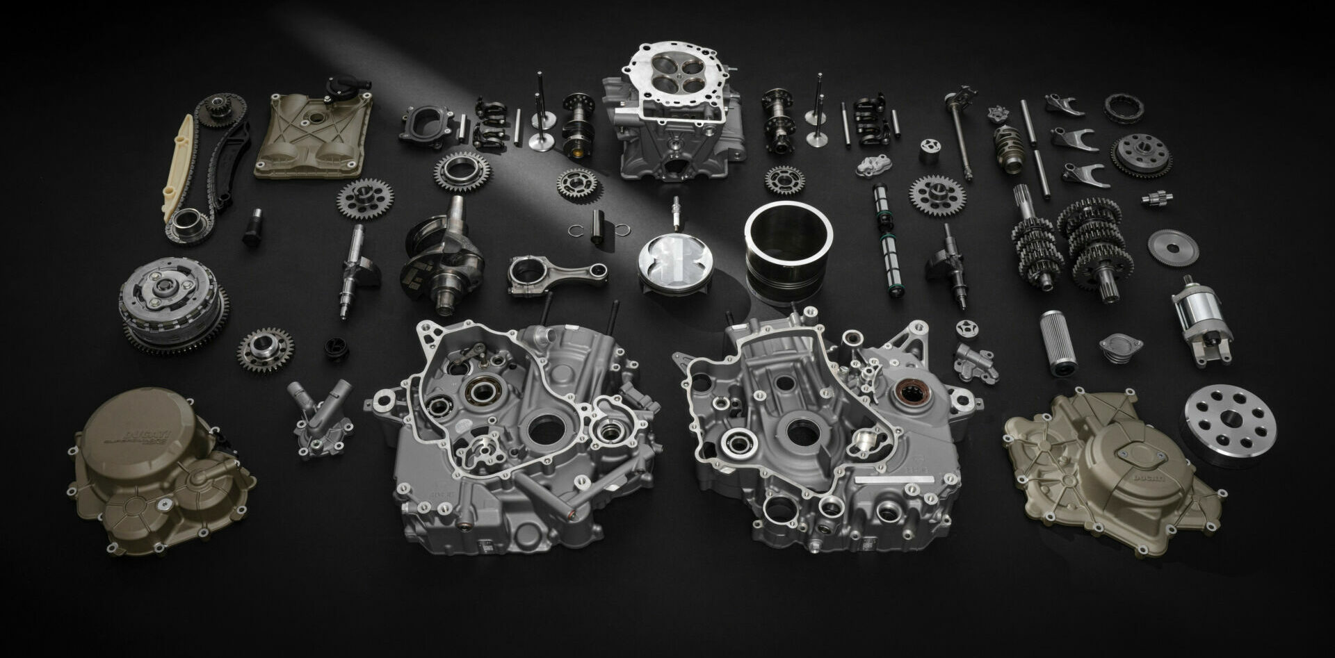 A disassembled Ducati Superquadro Mono single-cylinder engine and transmission. Photo courtesy Ducati.