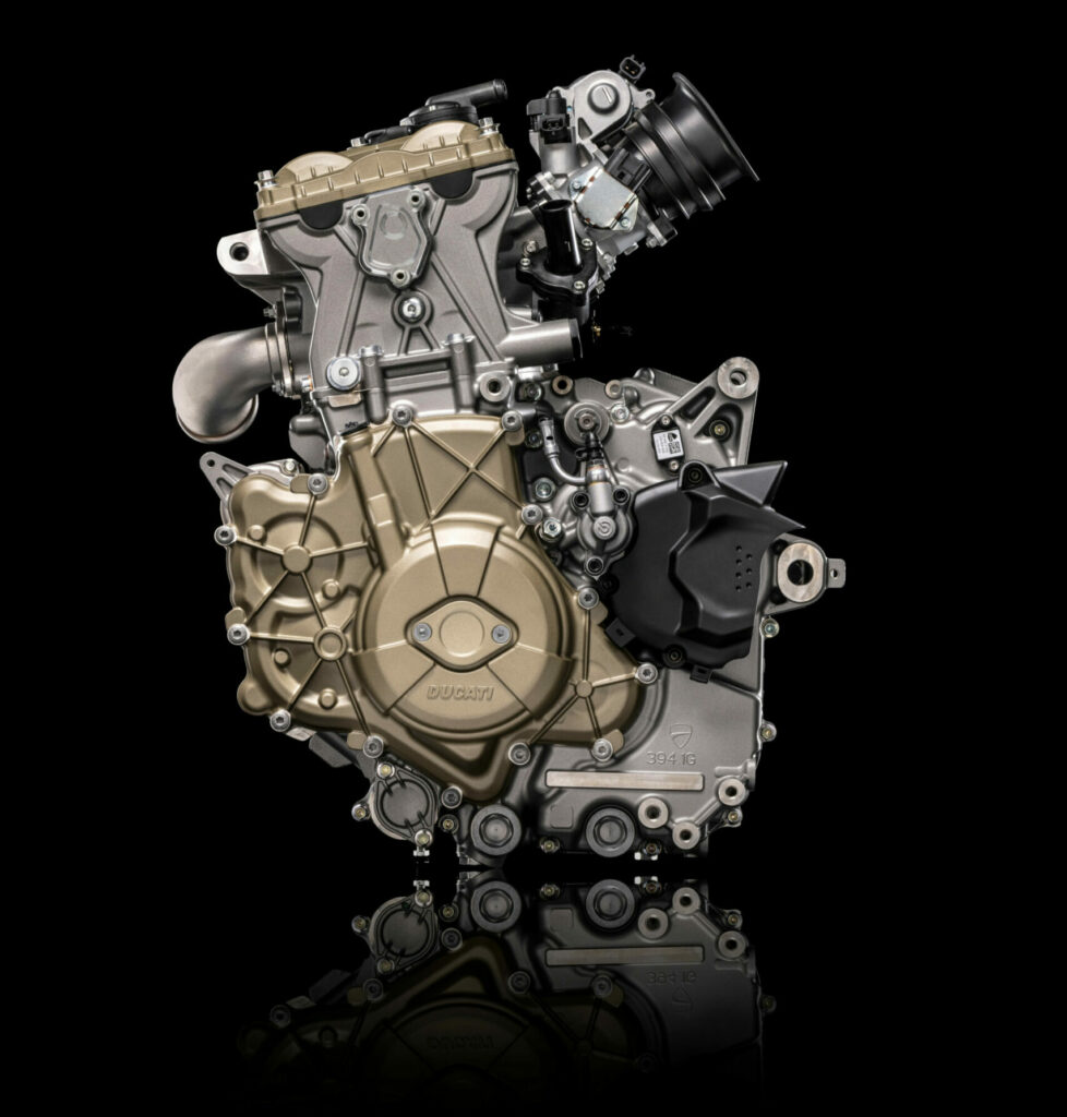 The left side of a Ducati Superquadro Mono single-cylinder engine. Photo courtesy Ducati.