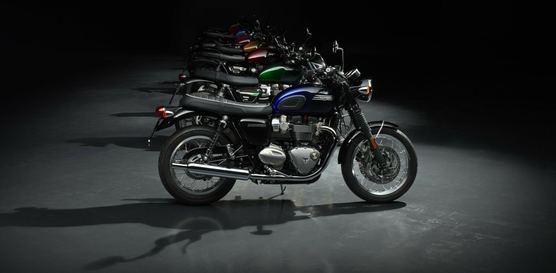 Triumph is releasing eight different Bonneville Stealth Edition models with custom paint jobs. Photo courtesy Triumph.