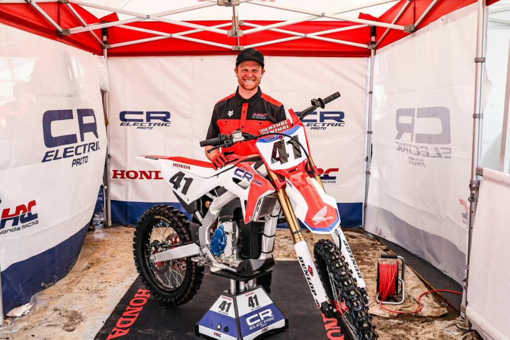 Trey Canard (41) and the Honda CR Electric Prototype in Japan. Photo courtesy Honda Racing Corporation (HRC).