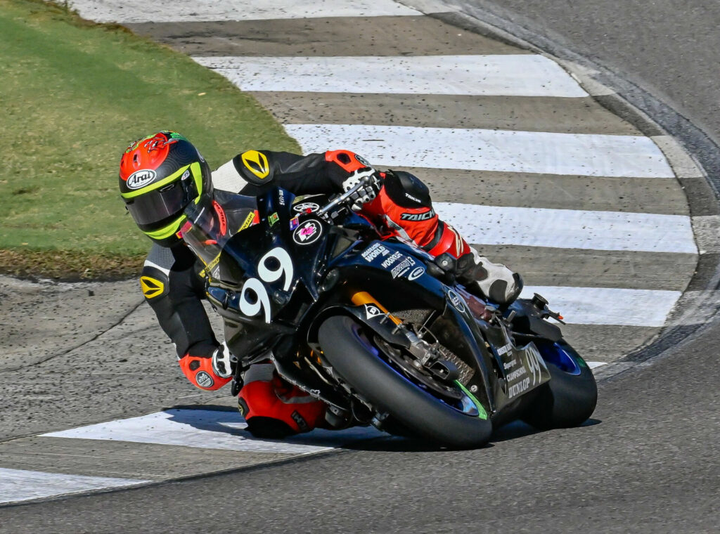 Hunter Dunham (99) tests the Dunlops' edge grip on the way to the top of the podium. Photo by Raul Jerez/Highside Photo, LLC, courtesy AOD.