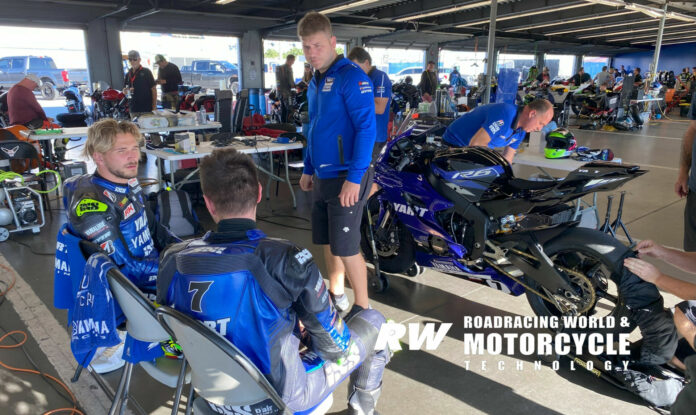 YART Yamaha's newly crowned FIM Endurance World Champions Karel Hanika (seated far left) and Marvin Fritz (seated second from left) are at Daytona International Speedway testing ahead of an assault on the 2024 Daytona 200. Photo by David Swarts.
