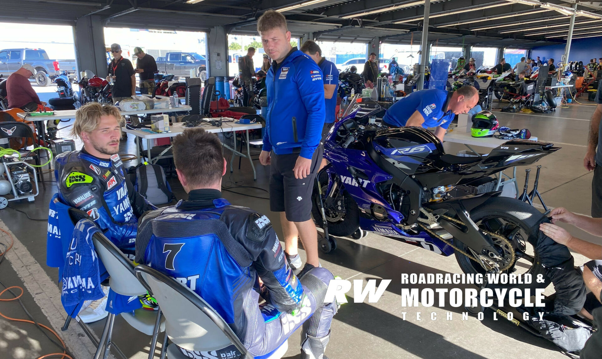 YART Yamaha's newly crowned FIM Endurance World Champions Karel Hanika (seated far left) and Marvin Fritz (seated second from left) are at Daytona International Speedway testing ahead of an assault on the 2024 Daytona 200. Photo by David Swarts.