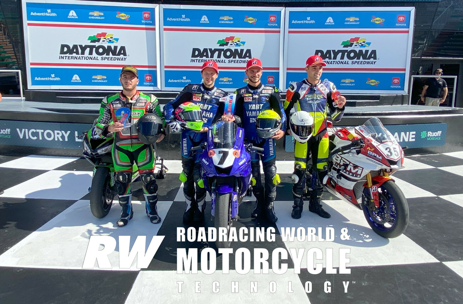 YART Yamaha's Marvin Fritz (second from left) and Karel Hanika (second from right), runner-up Max Angles (far left), and third-place finisher Diego Garcia (far right). Photo by David Swarts.