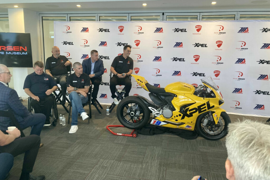 (From left) Wayne Rainey, Bobby Rahal, Ben Spies, Michael Mayall and Graham Rahal at the announcement of the Rahal/Xpel MotoAmerica Supersport racing team. Photo by Michael Gougis.