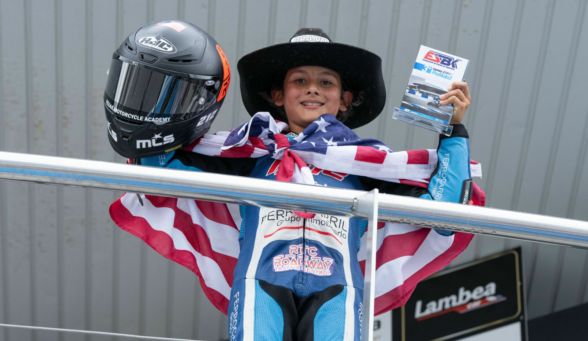 American Mikey Lou Sanchez on the ESBK PreMoto3 podium at Jerez. Photo courtesy Sanchez Racing.