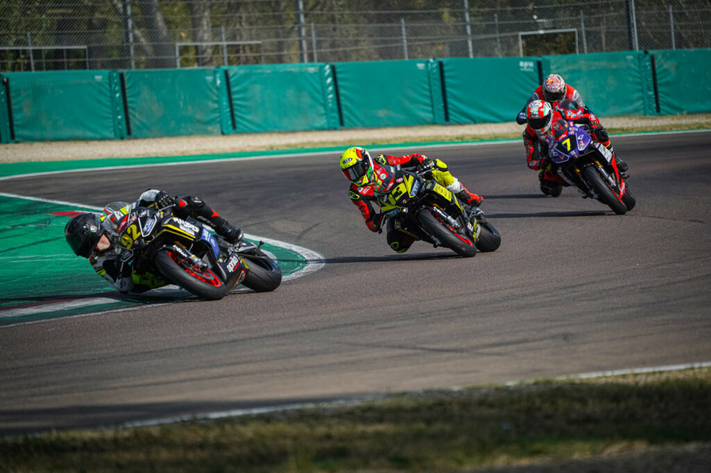 Rossi Moor (92) leads Edoardo Colombi (13) and eventual winner Edoardo Maria Savioli (7) at Imola. Photo courtesy Fairium NGRT.