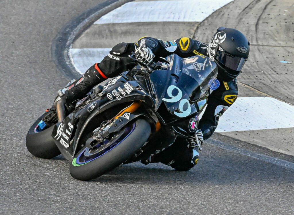 Road racing legend Josh Hayes (99) abides Gaijin’s fuel capacity to add another national championship to his prodigious tally. Photo by Raul Jerez/Highside Photo, LLC, courtesy AOD.