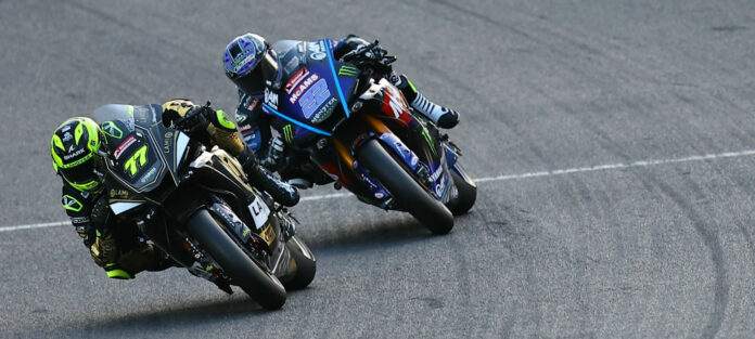 Kyle Ryde (77) and Jason O'Halloran (22) battle for the lead in Race One at Brands Hatch. Photo courtesy MSVR.