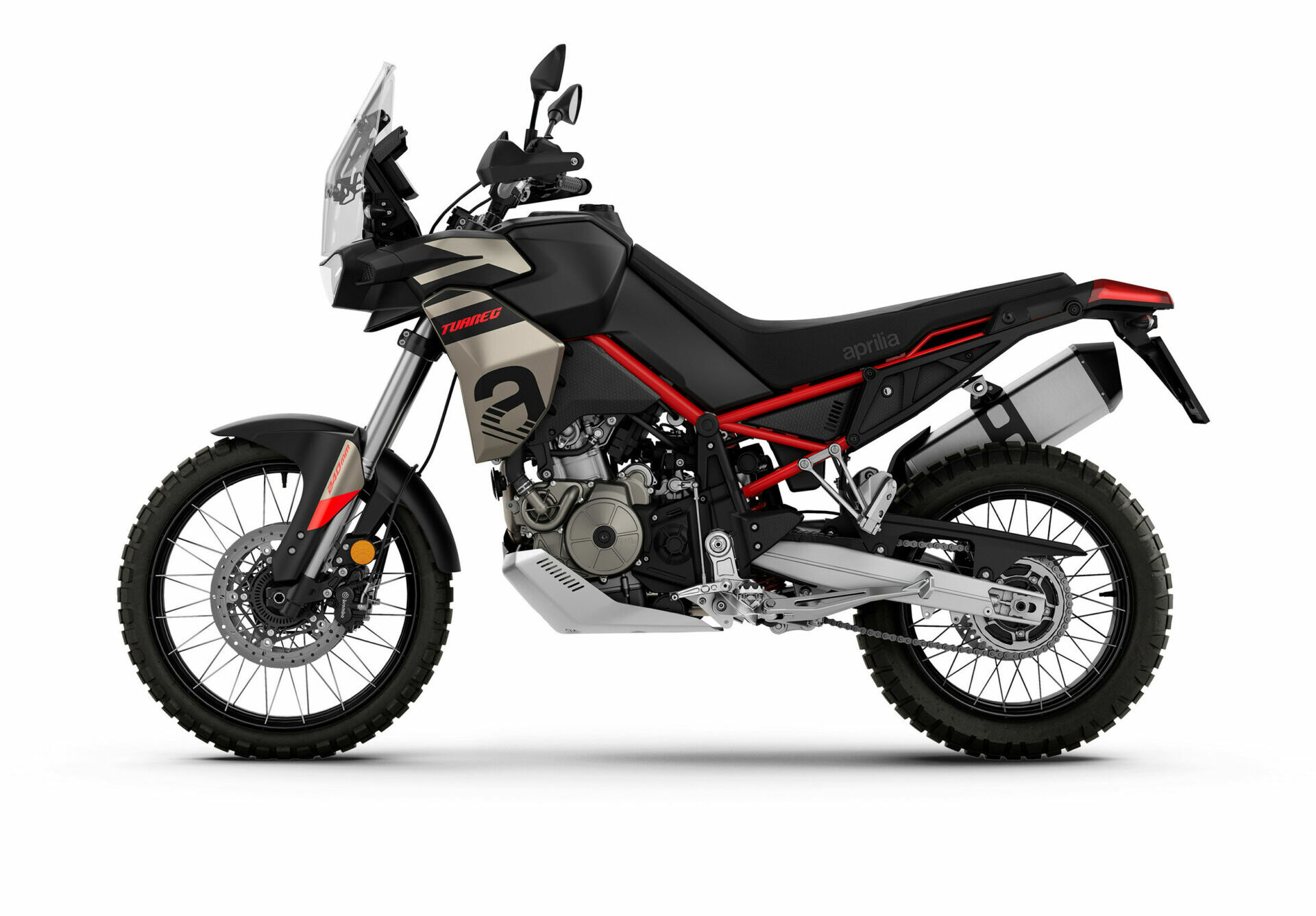 A 2024 Aprilia Tuareg in a Canyon Sand color scheme. Photo courtesy Aprilia.