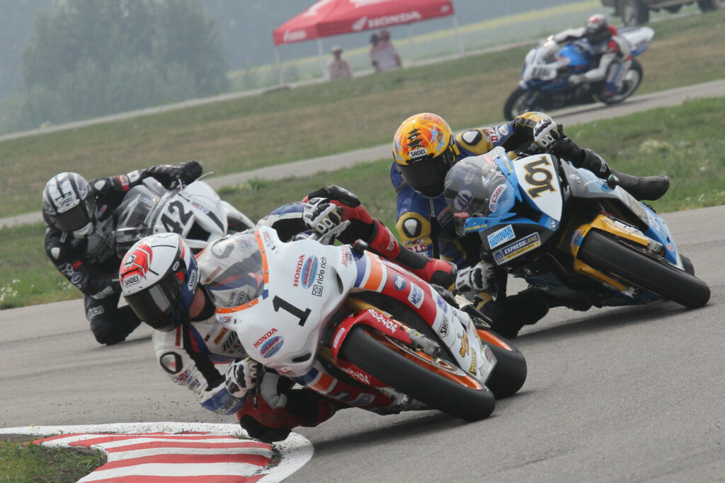 CSBK last visited Edmonton in 2015, as shown here, with Jordan Szoke (101) winning both races of a doubleheader weekend over Kenny Riedmann (42), Trevor Daley (116) and defending champ Jodi Christie (1). Photo by Rob O'Brien, courtesy CSBK.