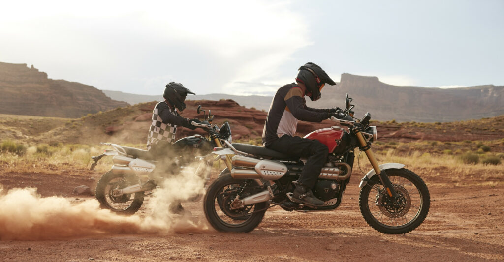 A new engine, long-travel suspension and higher-spec rider electronic aids to the Triumph Scrambler 1200 XE give it more capability off-road, allowing it to bridge the gap between street and off-road riding more effectively. Photo courtesy Triumph.