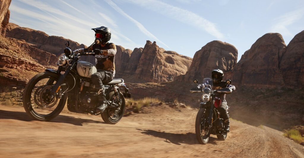 A lower seat height and road-oriented suspension, tires and geometry allow the new 2024 Triumph Scrambler 1200 X to make the adventure bike more accessible to more riders. Photo courtesy Triumph.