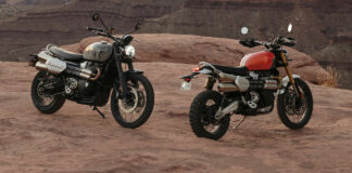 Triumph's 2024 Scrambler 1200 X (left) and Scrambler 1200 XE (right). Photo courtesy Triumph.
