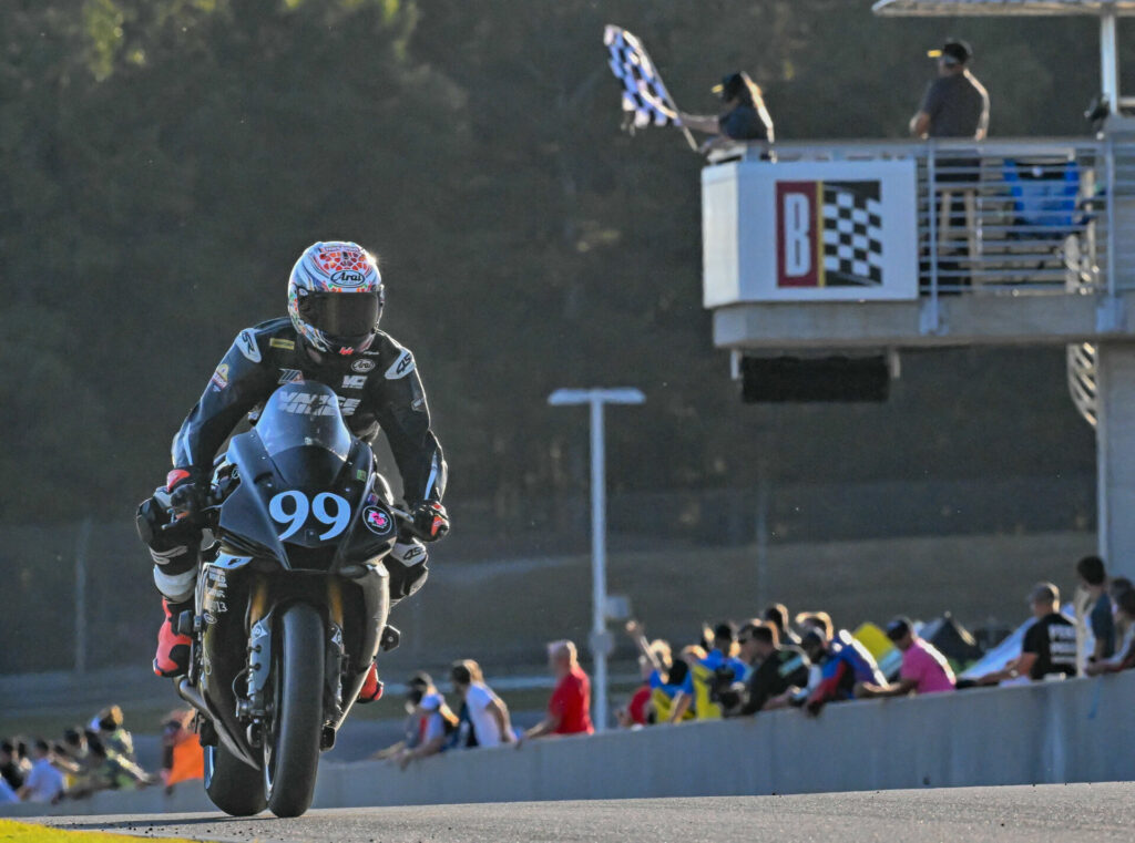 Taylor Knapp (99) samples the fruits of his Dunlop tire development labors by winning his first championships with Army Of Darkness, since 2014. Photo by Raul Jerez/Highside Photo, LLC, courtesy AOD.