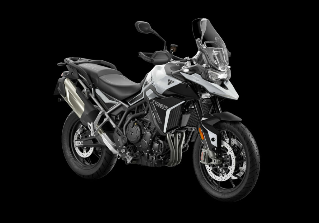 The 2024 Triumph Tiger 900 GT is nearly identical to the 900 GT Pro, but the GT Pro comes with a center stand, electronically adjustable suspension, and more features. Photo courtesy Triumph.