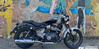 Long, low and stylish, the 2023 Royal Enfield Super Meteor 650 is the company's flagship cruiser model. Photo by Michael Gougis.