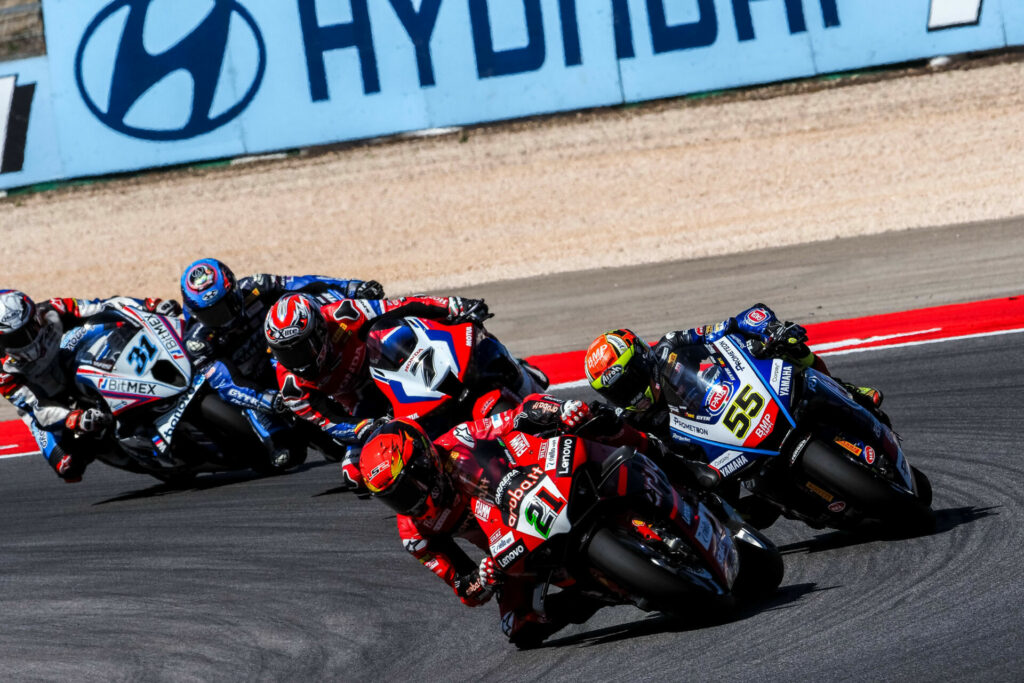 Michael Rinaldi (21) leads Andrea Locatelli (55), Iker Lecuona (7), and Garrett Gerloff (31). Photo courtesy Dorna.