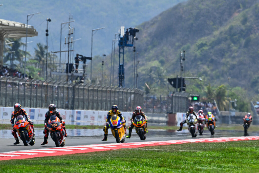 Pedro Acosta (37) and Aron Canet (40) fighting over first place in the Moto2 race at Mandalika. Photo courtesy Dorna.