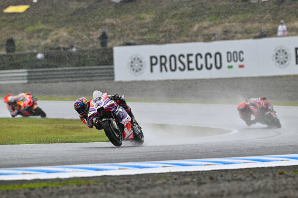 Jorge Martin (89) was leading Francesco Bagnaia (1) and Marc Marquez (93) when the MotoGP race at Motegi was stopped. Photo courtesy Dorna.