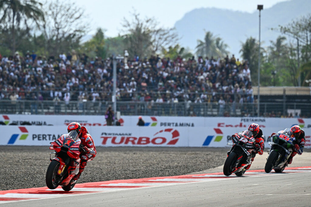 Francesco Bagnaia (1) held off Maverick Vinales (12) and Fabio Quartararo (20) to win in Indonesia. Photo courtesy Dorna.