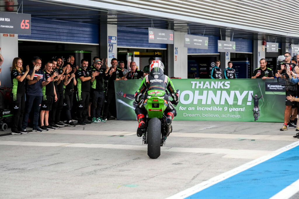 Jonathan Rea crashed while leading Race Two, picked his bike up, and still finished 17th in his final race with Kawasaki. Photo courtesy Dorna.