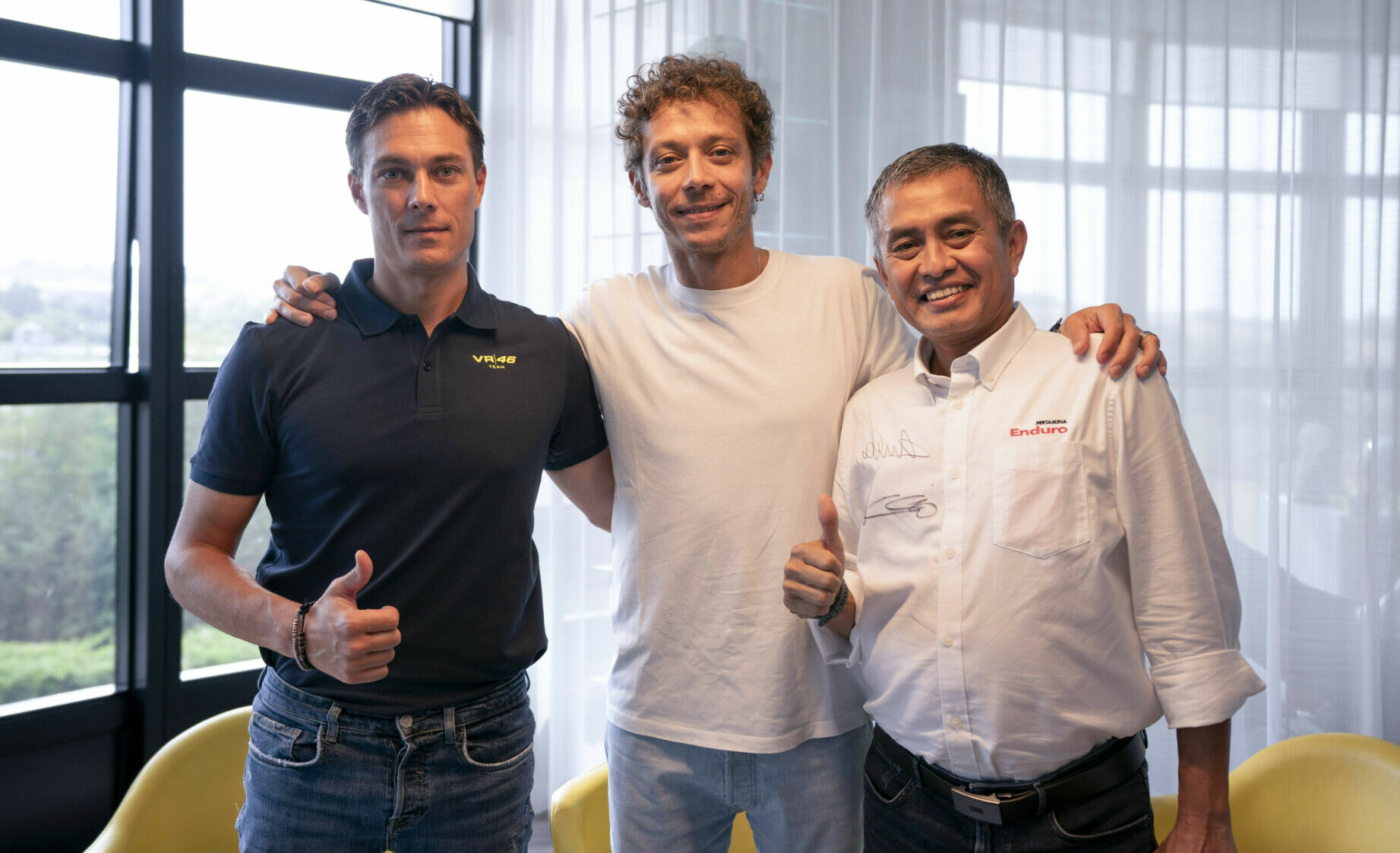 VR46 Racing Team owner Valentino Rossi (center) with Werry Prayogi, President Director of PT Pertamina Lubricants (right) and Gianluca Falcioni, CEO of the VR46 Agency (left). Photo courtesy VR46 Racing Team.
