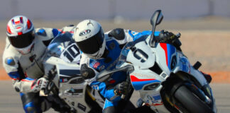 A California Superbike School instructor (9) leading a student (10) on track. Photo courtesy California Superbike School.
