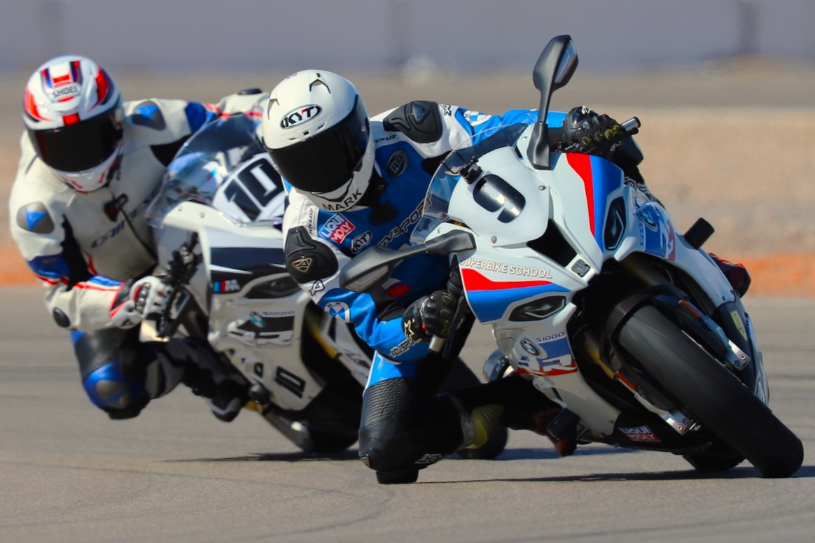 A California Superbike School instructor (9) leading a student (10) on track. Photo courtesy California Superbike School.