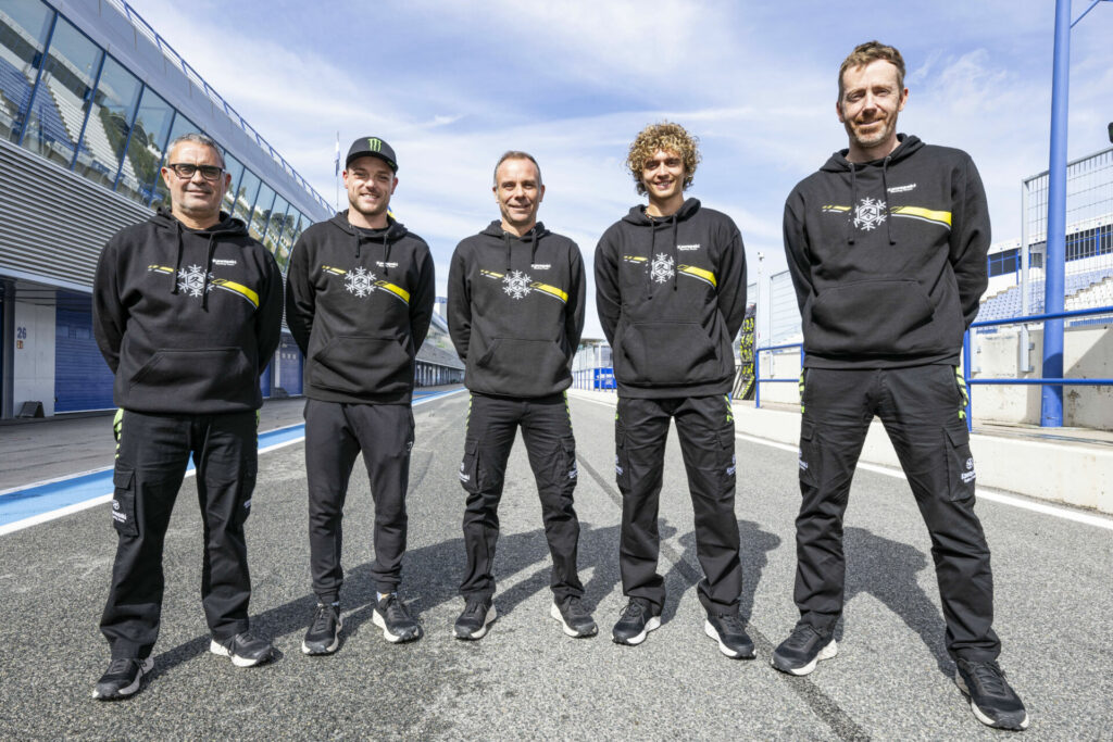 (From left) Alex Lowes' new Crew Chief Pere Riba, rider Alex Lowes, Kawasaki Team Manager Guim Roda, rider Axel Bassani, and Bassani's Crew Chief Marcel Duinker. Photo courtesy Kawasaki.