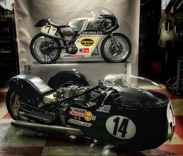Team Obsolete's vintage sidecar rig (background) and a historic MV Agusta racebike (background). Photo courtesy Team Obsolete.
