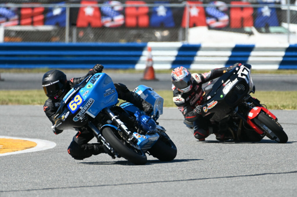 Michael Wells (69) leads Bryan Shields (17) at Daytona International Speedway. Photo by Scott Odell, courtesy Bagger Racing League.