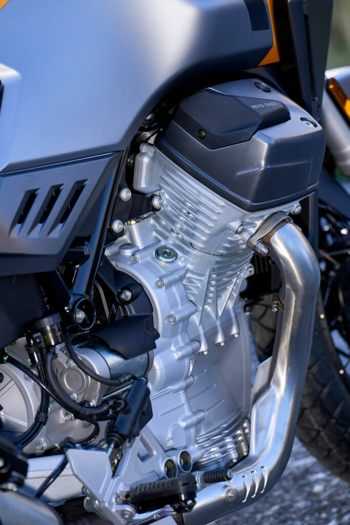 The 2024 Stelvio shares its 90-degree transverse V-Twin DOHC engine with the V100 Mandello. Photo courtesy Moto Guzzi.