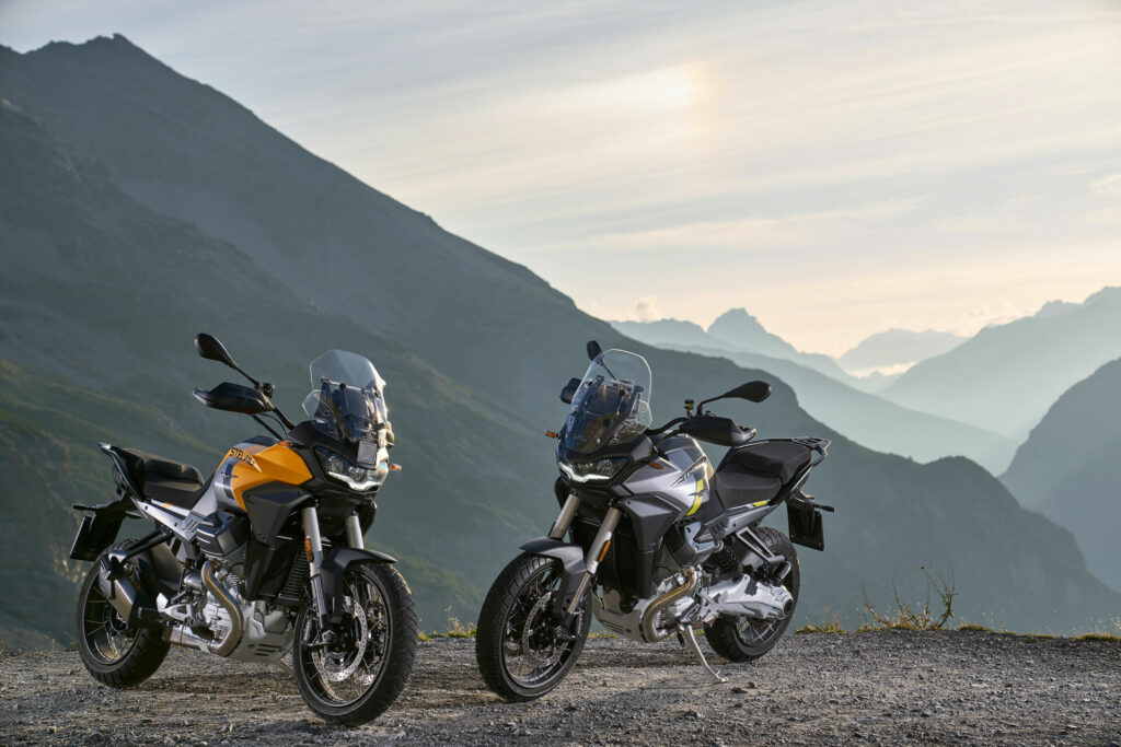 The 2024 Moto Guzzi Stelvio can be had with (left) or without (right) the PFF Rider Assistance Solution radar system. Photo courtesy Moto Guzzi.