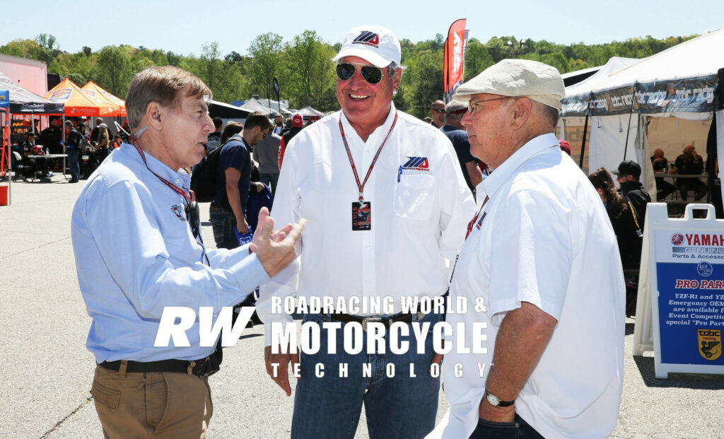 MotoAmerica's Richard Varner (center) with partner Terry Karges (right) and FIM North America's Bill Cumbow, at Barber in 2016. Photo by Brian J. Nelson. 