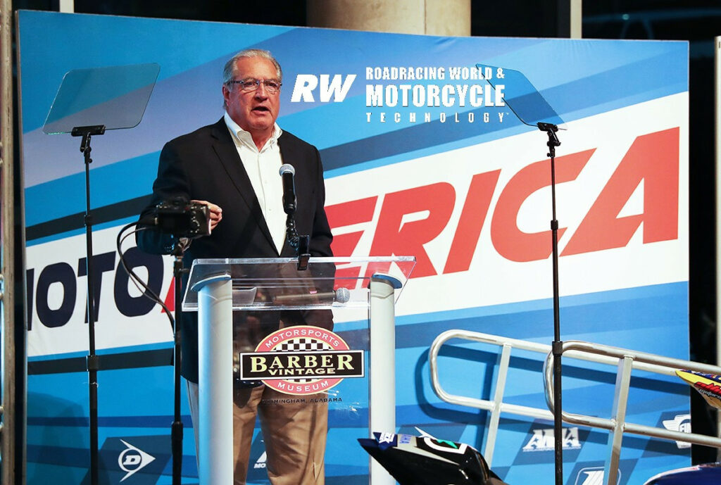 Richard Varner speaking at the 2021 MotoAmerica Awards Banquet held at Barber Motorsports Park. Photo by Brian J. Nelson.