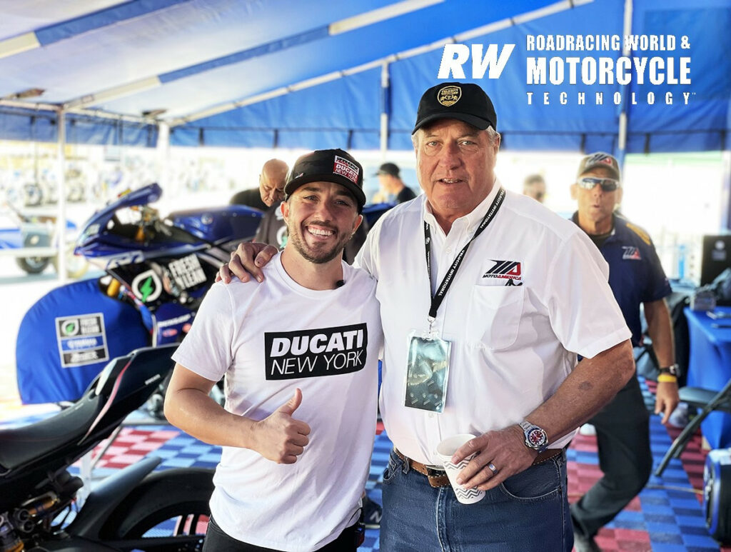 Richard Varner (right) with MotoAmerica racer Josh Herrin (left) during the Velocity Invitational motorsports exhibition event at Laguna Seca in 2021. Photo courtesy MotoAmerica.
