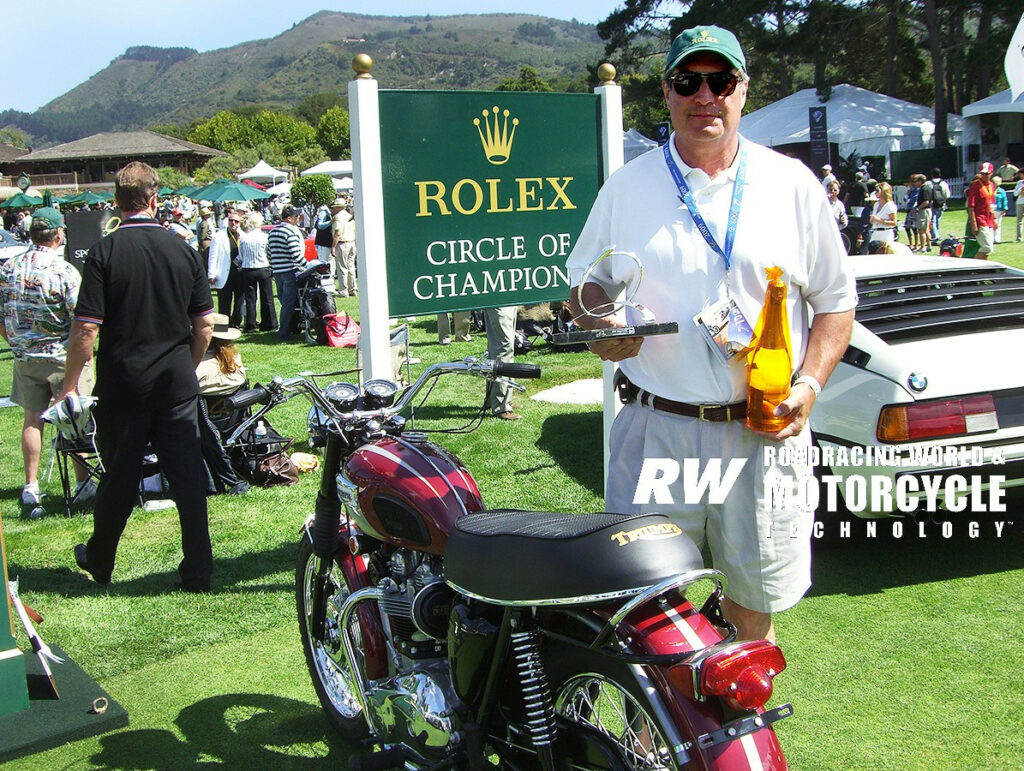 Richard Varner with his award-winning 1970 Triumph T120RT homologation special at The Quail show. Photo courtesy MotoAmerica.