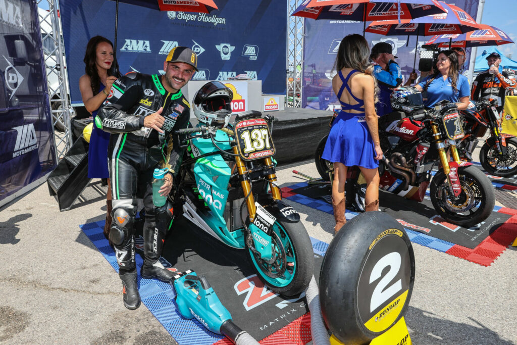 Stefano Mesa and his Energica at the MotoAmerica podium at Circuit of The Americas (COTA). Photo courtesy Energica.