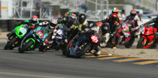 Dominik Gajda (921) leads Andrew Lee (14), Corey Alexander (1), Michael Gilbert (55), and the rest at the start of the CVMA 1000 Shootout race at Chuckwalla Valley Raceway. Photo by CaliPhotography.com, courtesy CVMA.