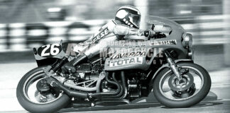 Carlo Perugini on the Laverda V6 1000 in the 1978 Bol d'Or 24-hour World Endurance race. The bike had 20 mph more top speed than any other machine, but DNF with driveshaft issues. Photo courtesy Laverda.  